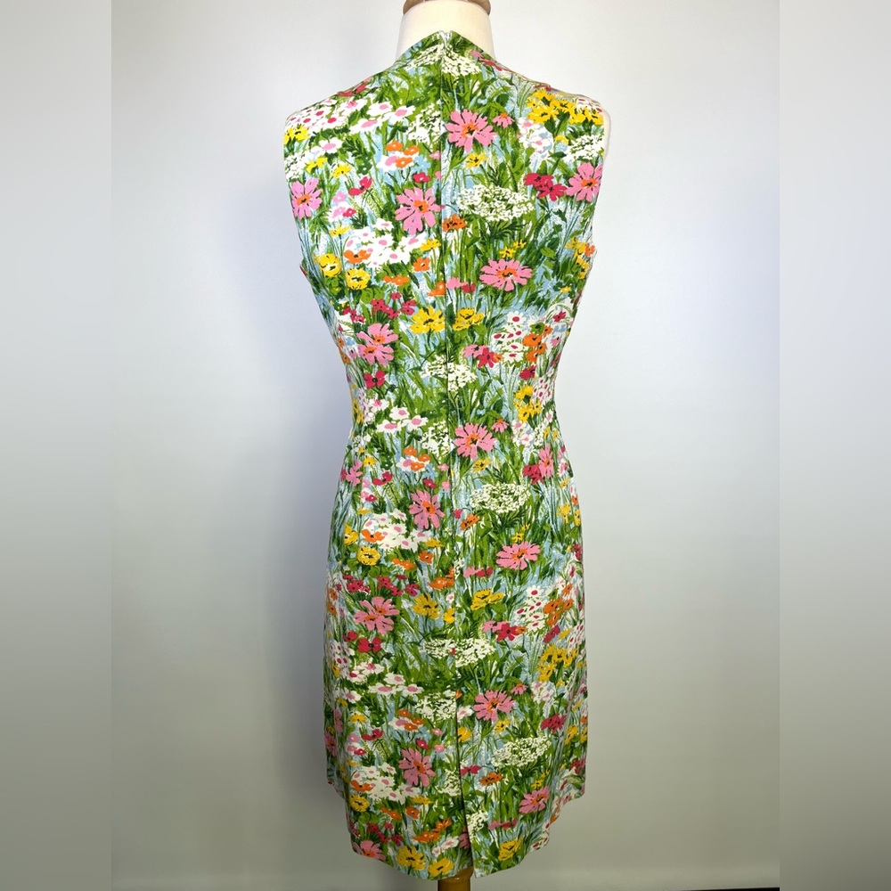 Vintage 60s Shift Mod MCM Floral Dress Green Spring Sleeveless Retro Sundress - Picture 6 of 10